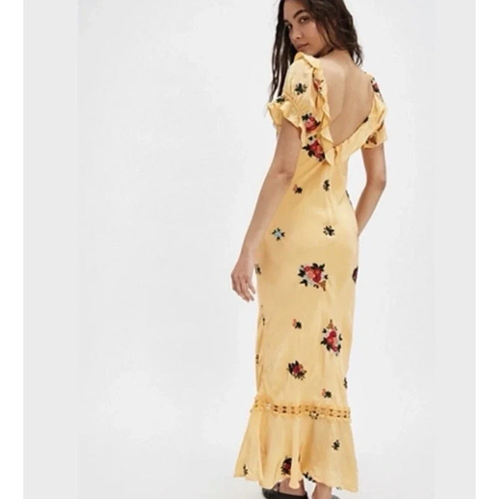Free People Bali Santa Cruz Ruffle Maxi Dress S Yellow Floral Puff Sleeve Boho